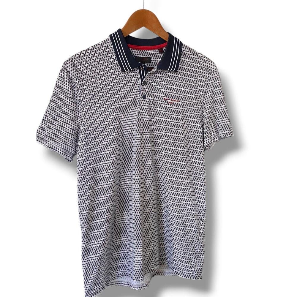 Ted Baker Golf Polo Shirt Sz 3 US M White Navy Sand Trap Pattern Short Sleeve